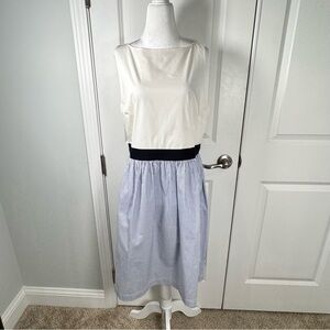 LOFT Sleeveless Midi Dress Size 10 White Blue Stripe Preppy Work A-Line NWT